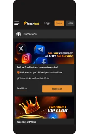 Freshbet app promotions page with welcome bonus offers
