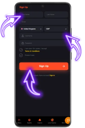 Complete Freshbet casino registration form